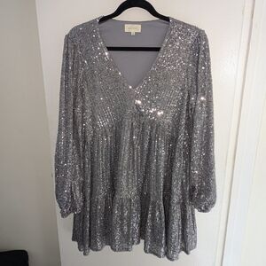 Melloday silver sequin baby doll long sleeve dress size M 🪩